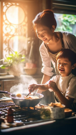 Generative AI : preparation of a family breakfast mother and baby son cook porridge in morningの素材