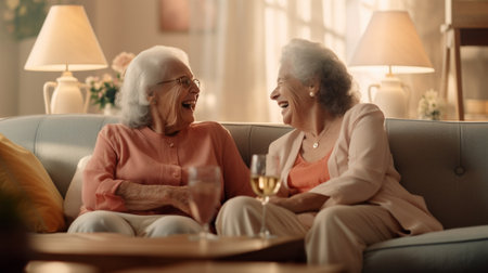Generative AI : Adult daughter gesticulating and speaking with elderly mother while resting on couch at home togetherの素材