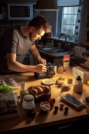 Generative AI : man cooks baking from pastry cookies at homeの素材