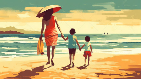 Generative AI : happy family on the beach mother and baby daughter at seaの素材
