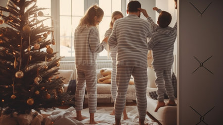 Generative AI : happy family mother father and child daughter decorate Christmas tree at homeの素材