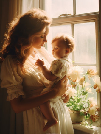 Generative AI : newborn baby in a tender embrace of mother at the windowの素材