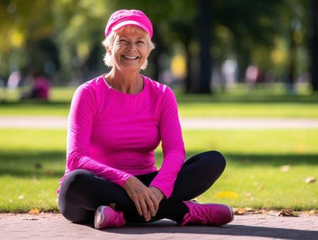 Generative AI : Side view of mature woman in sports wear lying on mat hugging her knees to chest after yoga practice outdoor in park healthy active senior female doing stretching eの素材