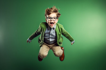 Generative AI : funny child girl jump wearing glasses on a colored backgroundの素材