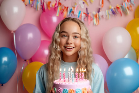 Generative AI : Optimistic female with bunch of colorful balloons and piece of birthday cake smiling under falling confetti during birthday celebration against blue backgroundの素材