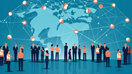 Generative AI : business concept communication link connection people of the future on the map around the worldの素材