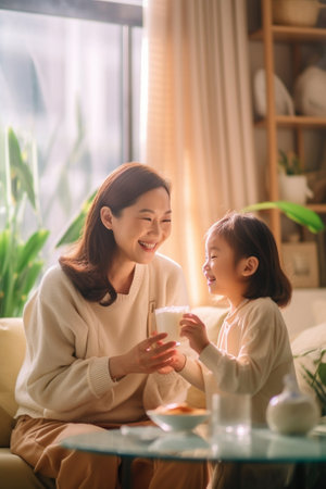 Generative AI : happy family mother and child girl daughter playing laughing and hugging at homeの素材