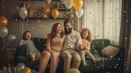 Generative AI : happy family in anticipation of the birth of the baby Pregnant woman and her husband on the sofa at homeの素材