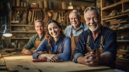 Generative AI : Smiling male and female artisan masters in aprons standing near large lumber plank and looking at camera while working together in carpentry workshopの素材