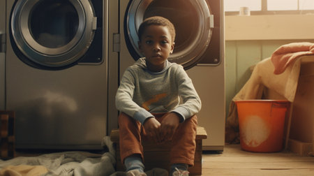 Generative AI : Happy laughing black boy with curly hair sitting on floor near washing machine while doing laundry in kitchen at homeの素材