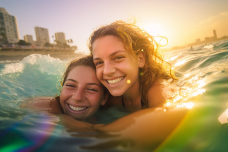 Generative AI : Happy woman giving piggyback ride to laughing girl both wearing vivid swimsuits with sunglasses and looking at camera on seashoreの素材
