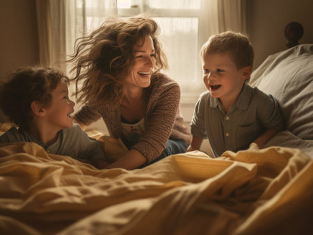 Generative AI : happy ethnic curly mom playing with laughing little son and daughter in bed playful little children merrily looking at motherの素材
