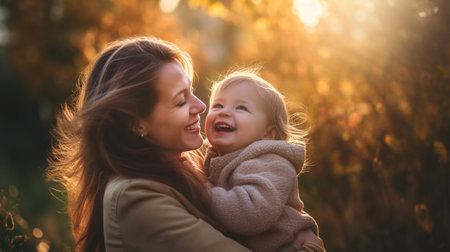 Generative AI : happy family mother and baby son playing and laughing on autumn walkの素材