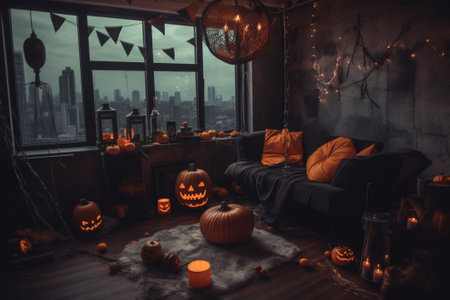 Generative AI : interior of the house decorated for Halloween pumpkins webs and spidersの素材