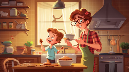 Generative AI : preparation of a family breakfast mother and child son cut bread and eat cookies with milk in morningの素材