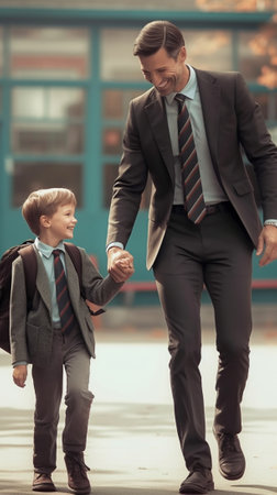 Generative AI : Cute happy little schoolboy with red backpack hugging embracing leg of his father before going in first grade to school on 1st of September smiling at camera whileの素材