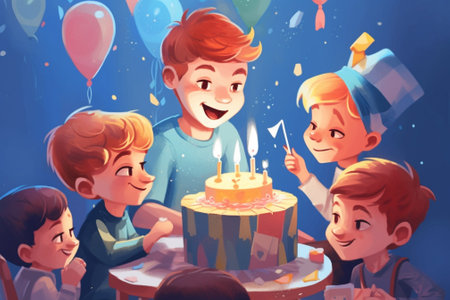 Generative AI : Happy little boy son going to blow candles on cake while celebrating Birthday with young loving parents excited kid raising arms and smiling while receiving congratの素材
