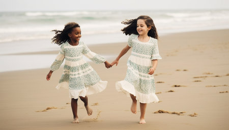 Generative AI : Delighted woman and girl in white dresses raising arms and leaping up on sandy beach against cloudy sky on resortの素材
