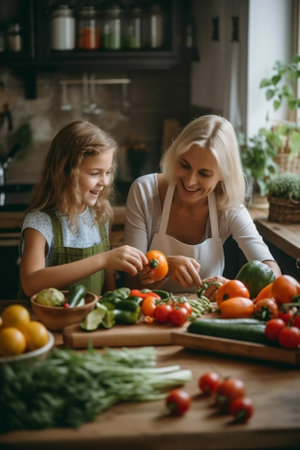 Generative AI : Happy family cute little girls in aprons hugs happy grandmother in preparation of healthy vegetarian dish with fresh ingredients in home kitchenの素材