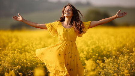 Generative AI : Happy woman enjoying the summer outdoors in the meadow of yellow flowersの素材