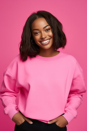 Generative AI : Excited ethnic female in knitted sweater listening to music in headphones and listening in comb against pink backgroundの素材