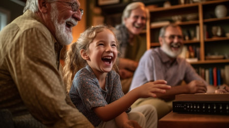Generative AI : Full length of two excited kids siblings having fun playing with active and positive grandparents in the living room at home enjoying weekend time with energetic seの素材