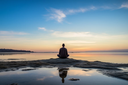 Generative AI : Back view of male sitting in Padmasana while meditating alone on seashore against sky in sundown lightの素材