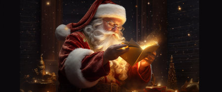 Generative AI : Santa Claus with a magical glowing Christmas present giftの素材