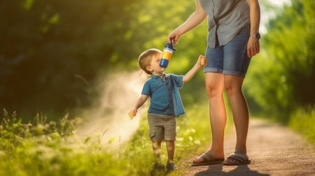 Generative AI : Side view of careful mom in protective mask pouring sanitizer into hands of little school aged son during coronavirus pandemicの素材