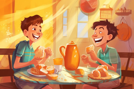 Generative AI : happy funny children brothers eating breakfastの素材