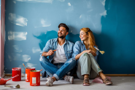 Generative AI : Cheerful couple young woman sitting crossed legged on floor and laughing while man singing into paint roller against blank white wall during renovationの素材