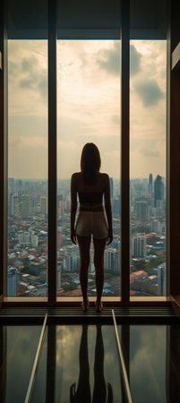 Generative AI : young woman tourist at window of skyscraperの素材
