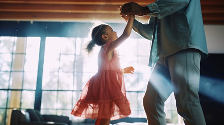 Generative AI : Happy fathers day family dad and child daughter Princess dancing at homeの素材