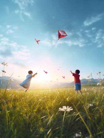Generative AI : Happy family mother and child son launch a kite on nature at sunsetの素材