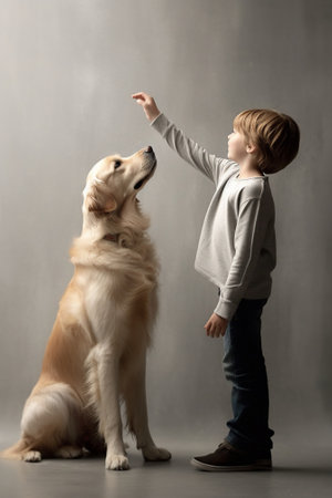 Generative AI : Little boy dancing with cute Golden Retriever puppy during Christmas holidays isolated over yellow studio background happy kid and dog wearing funny felted xmas reiの素材