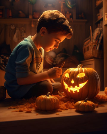 Generative AI : Smiling african american family dad and son carving jack o lantern together for Halloween celebration at home little boy and father smiling at camera while removingの素材