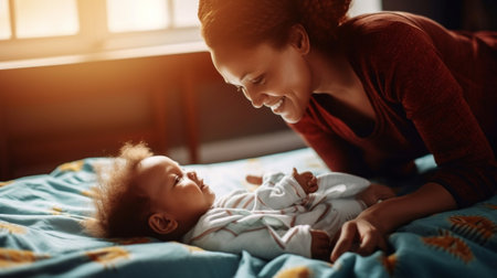 Generative AI : happy family mother playing in bed with newborn babyの素材