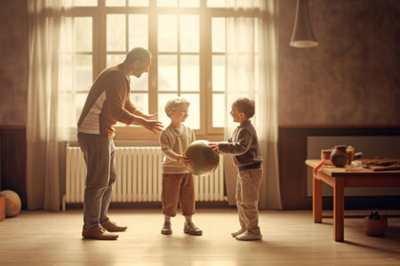 Generative AI : Bearded man in glasses kneeling on floor and catching ball while teaching boy to play football in cozy room at homeの素材