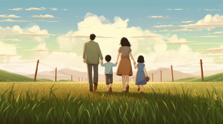 Generative AI : Happy family mother father children son and daughter on summer natureの素材