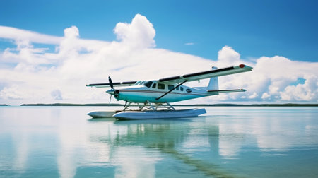 Generative AI : Modern seaplane gliding on surface of sea water against cloudless blue sky in summerの素材