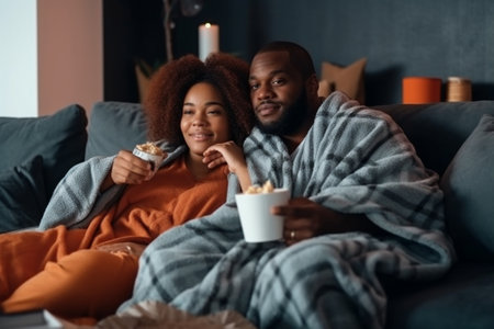 Generative AI : happy loving couple drinking cocoa on a winter morning in bedの素材