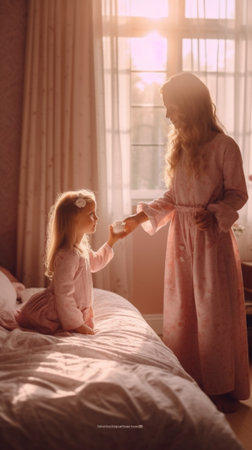 Generative AI : mother puts her daughter to bed and kisses her in the eveningの素材