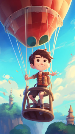 Generative AI : cute happy baby boy in a fairy magic hot air balloonの素材