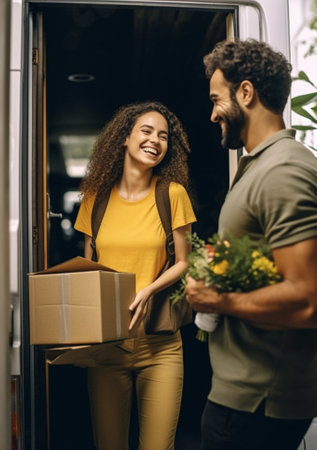 Generative AI : Delighted woman hugging smiling man standing with carton box in new apartment during relocation and looking at each otherの素材