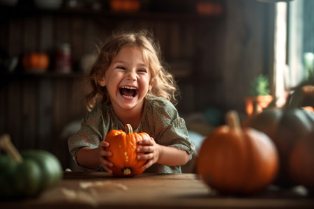 Generative AI : Cute happy little girl preparing for halloween painting drawing scary face on pumpkin while sitting at table in kitchen at home smiling child making jackolantern Hoの素材