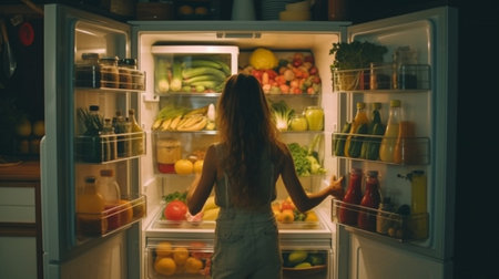 Generative AI : Happy woman standing at the open refrigerator with fruits vegetables and healthy foodの素材