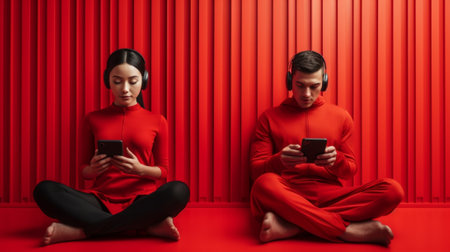 Generative AI : couple of young emotional people man and woman on red backgroundの素材