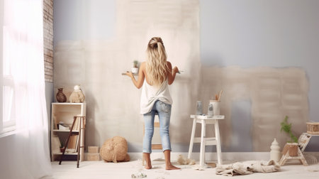 Generative AI : Repair in the apartment Happy child girl paints the wall with blue paintの素材