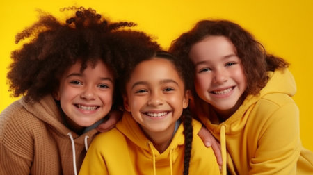 Generative AI : group of cheerful happy children on a colored yellow backgroundの素材