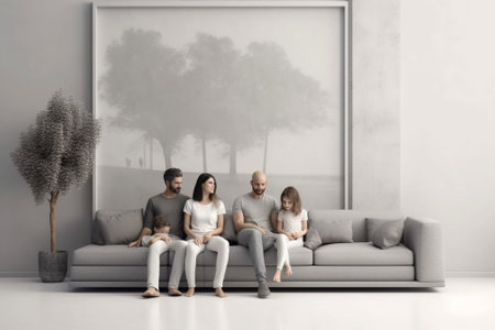 Generative AI : happy family father mother and children sitting on the floor in an empty brick wallの素材